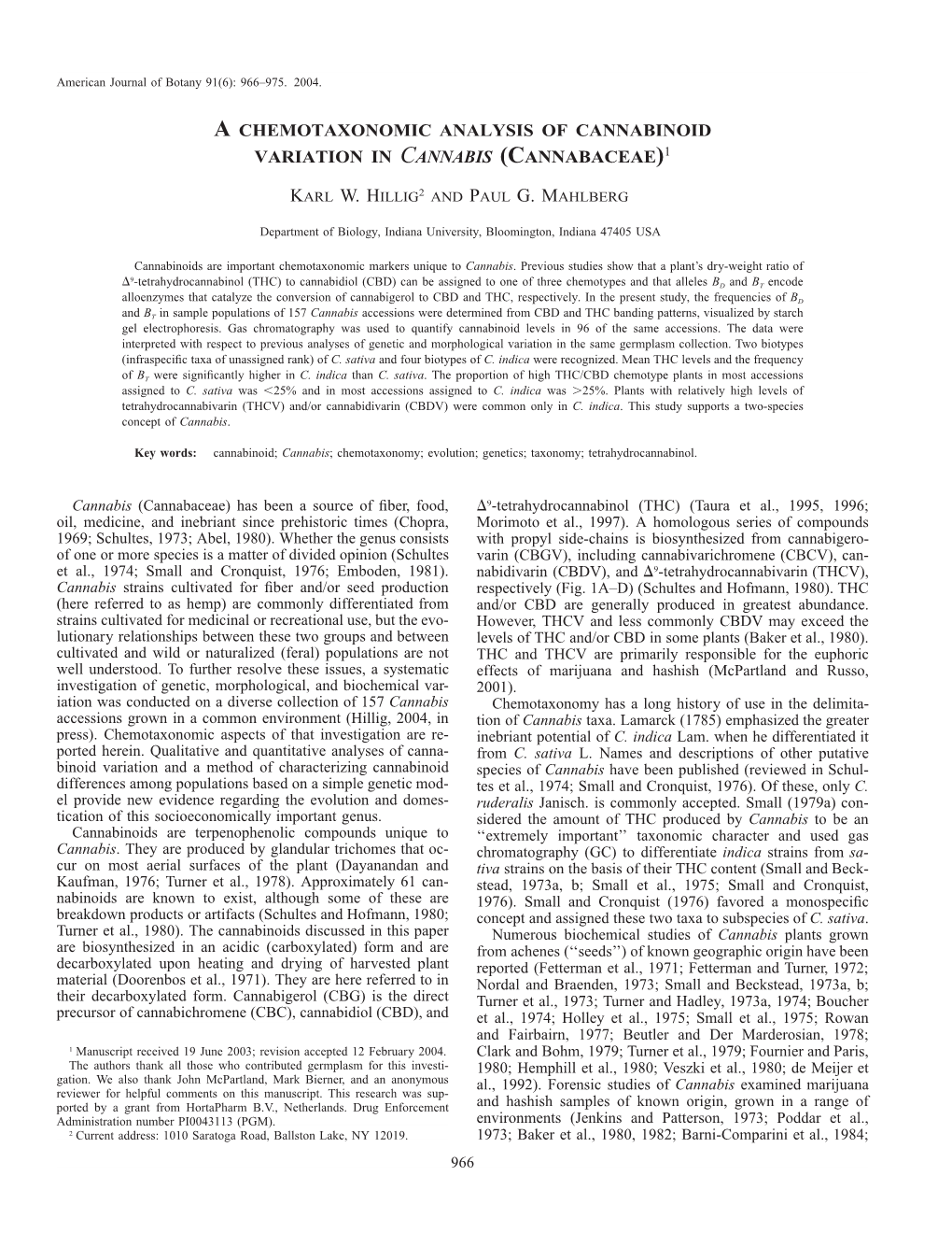 A Chemotaxonomic Analysis of Cannabinoid Variation in Cannabis (Cannabaceae)1