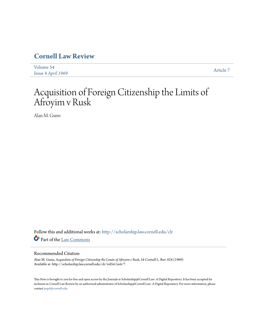 Acquisition of Foreign Citizenship the Limits of Afroyim V Rusk Alan M