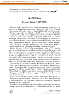 IN MEMORIAM Leonard Carlitz (1907I1999)