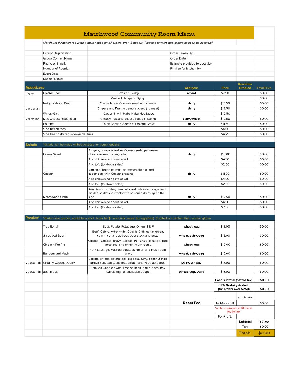 Matchwood Community Room Menu Matchwood Kitchen Requests 4 Days Notice on All Orders Over 15 People