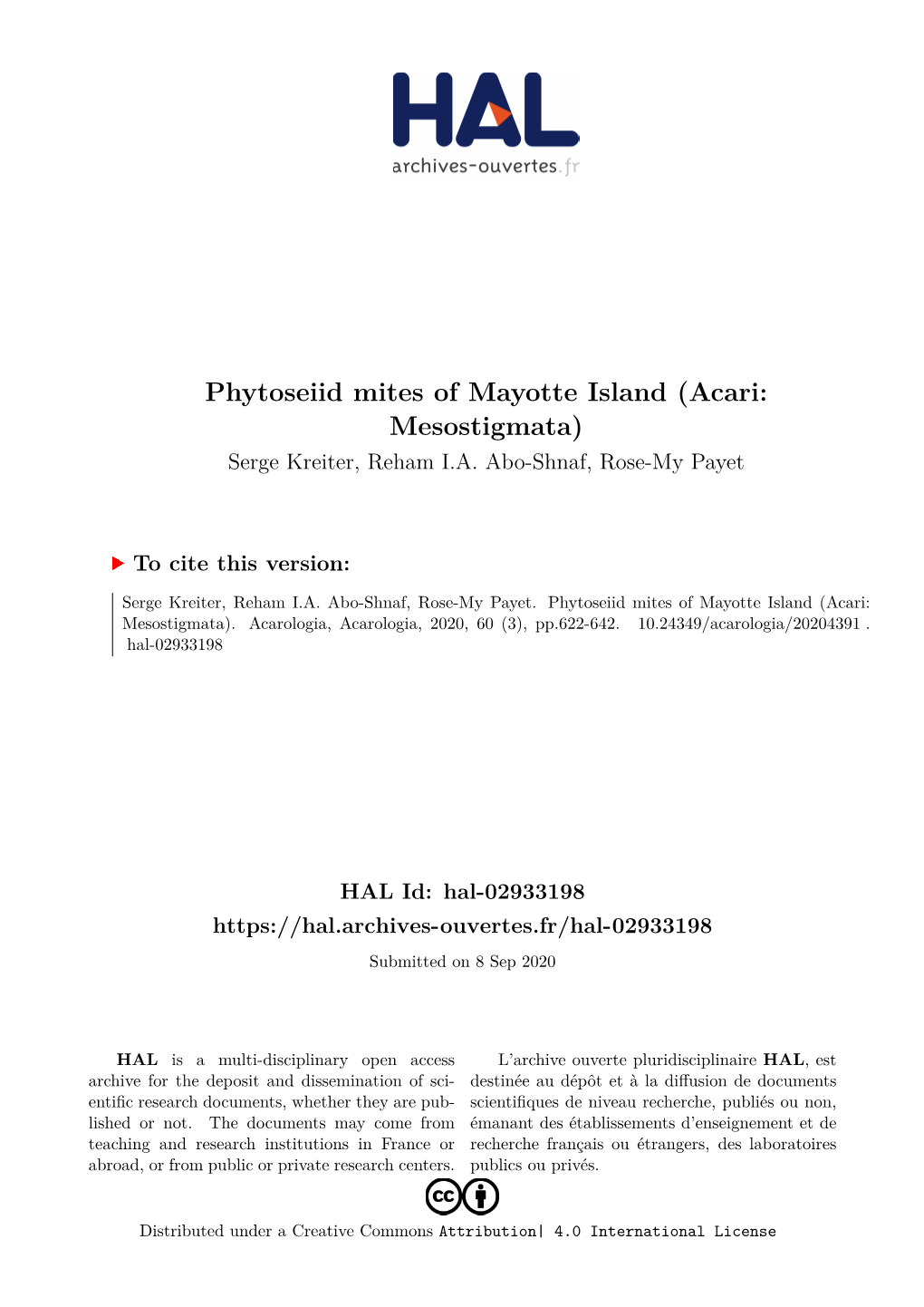 Phytoseiid Mites of Mayotte Island (Acari: Mesostigmata) Serge Kreiter, Reham I.A