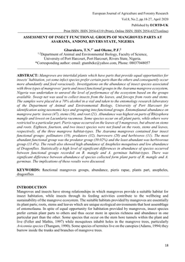 ASSESSMENT of INSECT FUNCTIONAL GROUPS of MANGROVES PARTS at ASARAMA, ANDONI, RIVERS STATE, NIGERIA Gbarakoro, T.N.1* and Okene