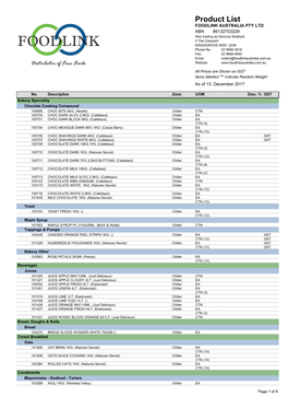 Product List FOODLINK AUSTRALIA PTY LTD ABN 86132703229 Also Trading As Demcos Seafood 3 the Crescent KINGSGROVE NSW 2208 Phone No
