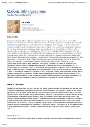 Artemis - Classics - Oxford Bibliographies