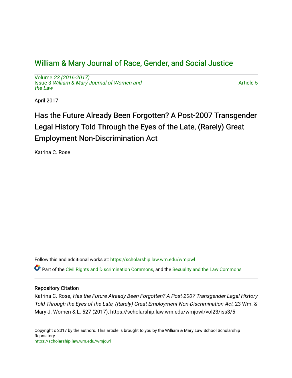 A Post-2007 Transgender Legal History Told Through the Eyes of the Late, (Rarely) Great Employment Non-Discrimination Act