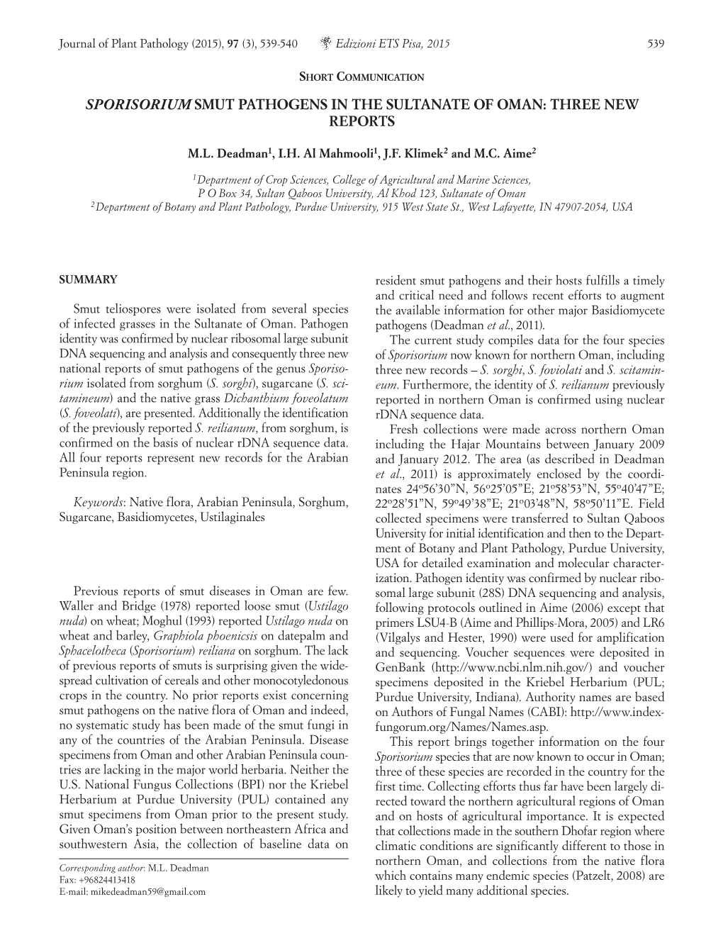 Sporisorium Smut Pathogens in the Sultanate of Oman: Three New Reports