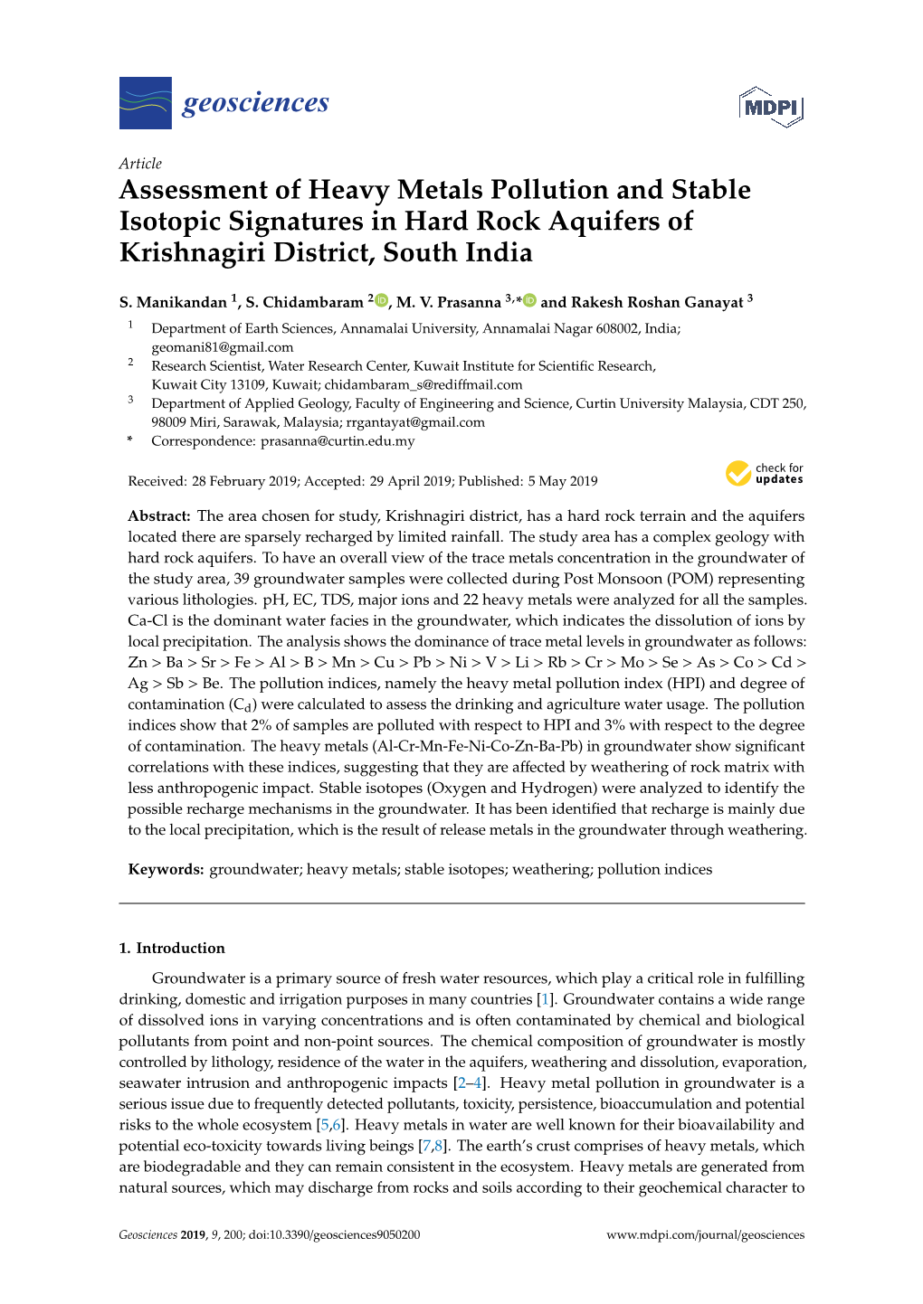 Assessment of Heavy Metals Pollution and Stable Isotopic Signatures in Hard Rock Aquifers of Krishnagiri District, South India