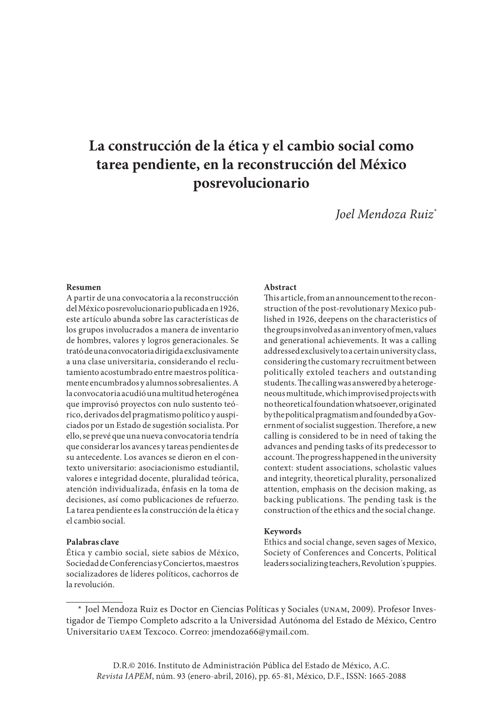 La Construcción De La Ética Y El Cambio Social Como Tarea Pendiente, En La Reconstrucción Del México Posrevolucionario