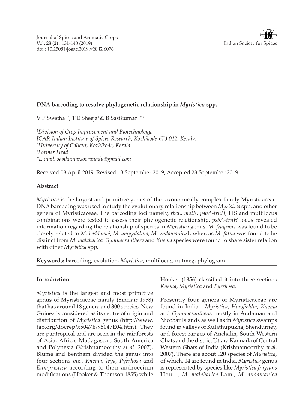 DNA Barcoding to Resolve Phylogenetic Relationship in Myristica Spp