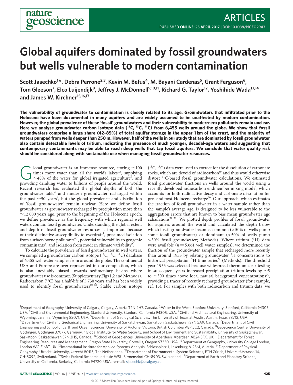 Global Aquifers Dominated by Fossil Groundwaters but Wells Vulnerable to Modern Contamination