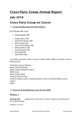 Cross-Party Group Annual Report. July 2018 Cross Party Group on Cancer