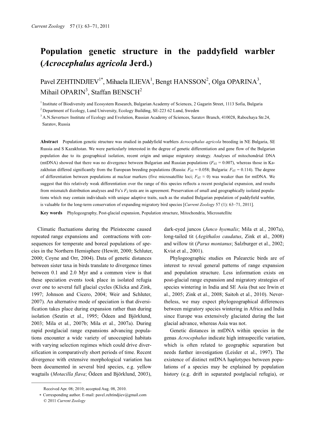 Population Genetic Structure in the Paddyfield Warbler (Acrocephalus Agricola Jerd.)