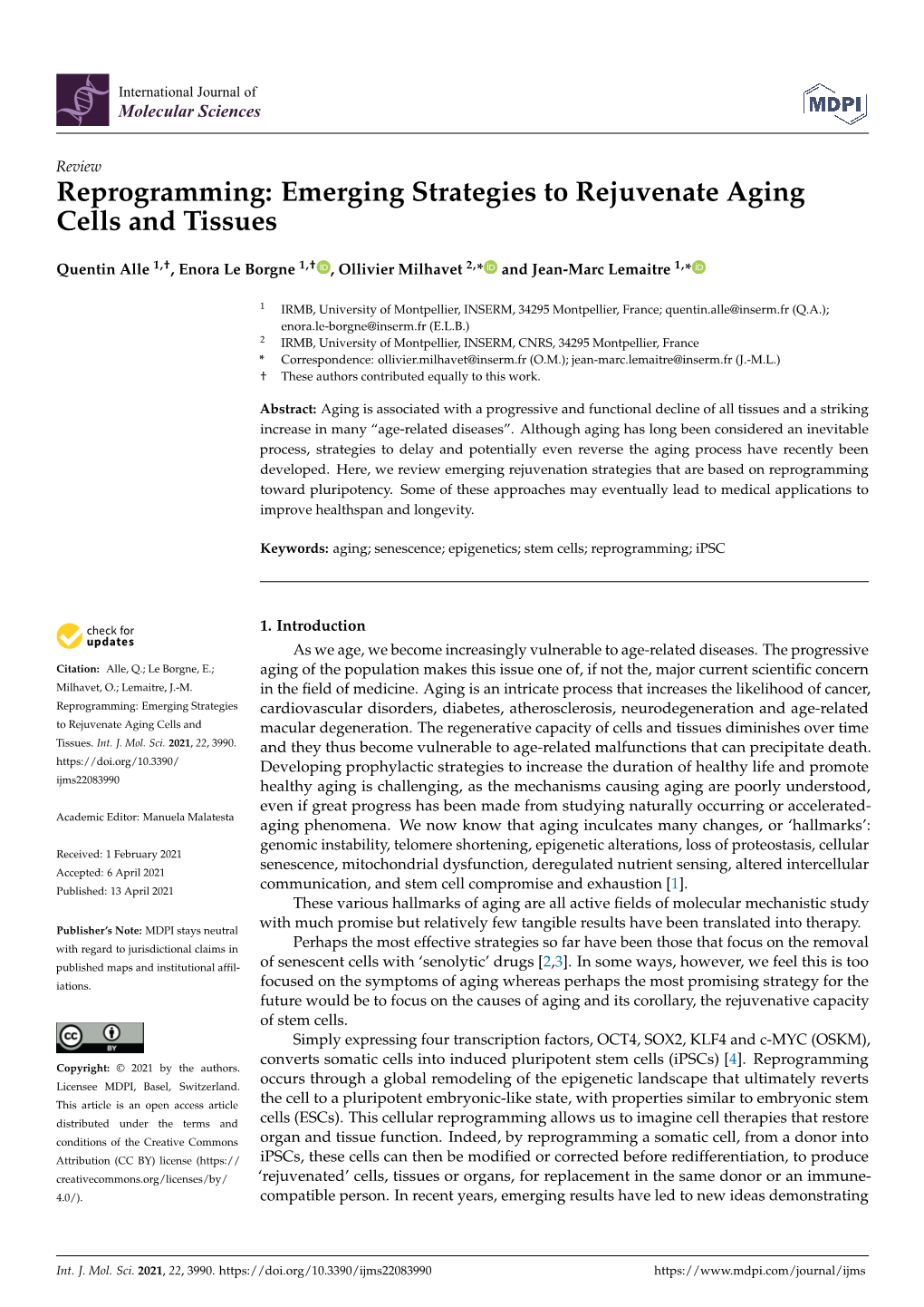 Reprogramming: Emerging Strategies to Rejuvenate Aging Cells and Tissues