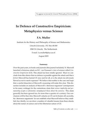 In Defence of Constructive Empiricism: Metaphysics Versus Science