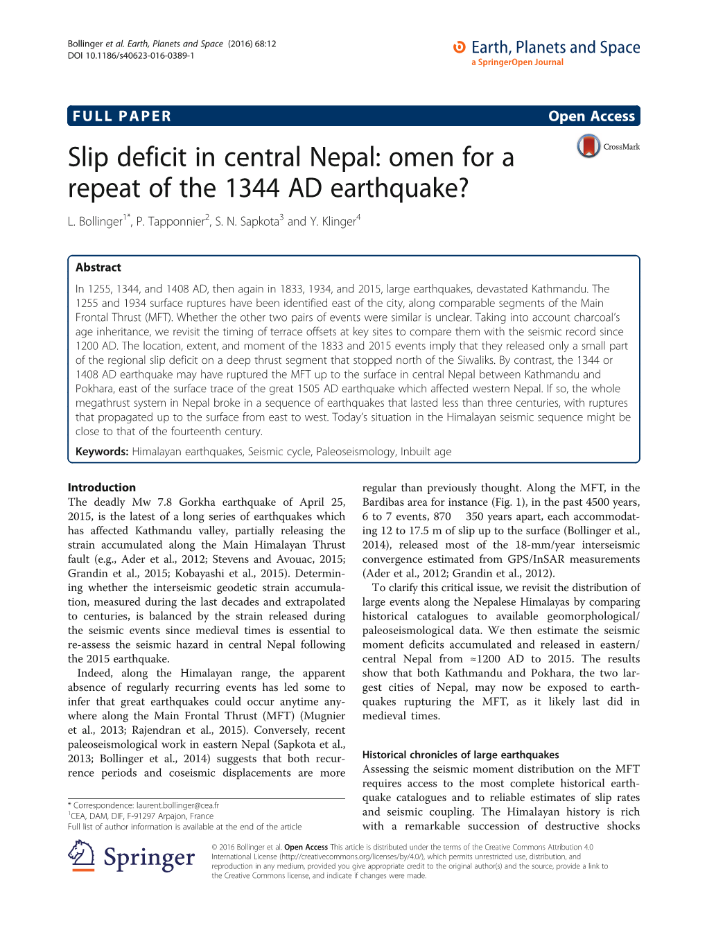 Slip Deficit in Central Nepal: Omen for a Repeat of the 1344 AD Earthquake? L