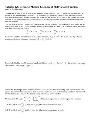 Calculus 120, Section 7.3 Maxima & Minima of Multivariable Functions