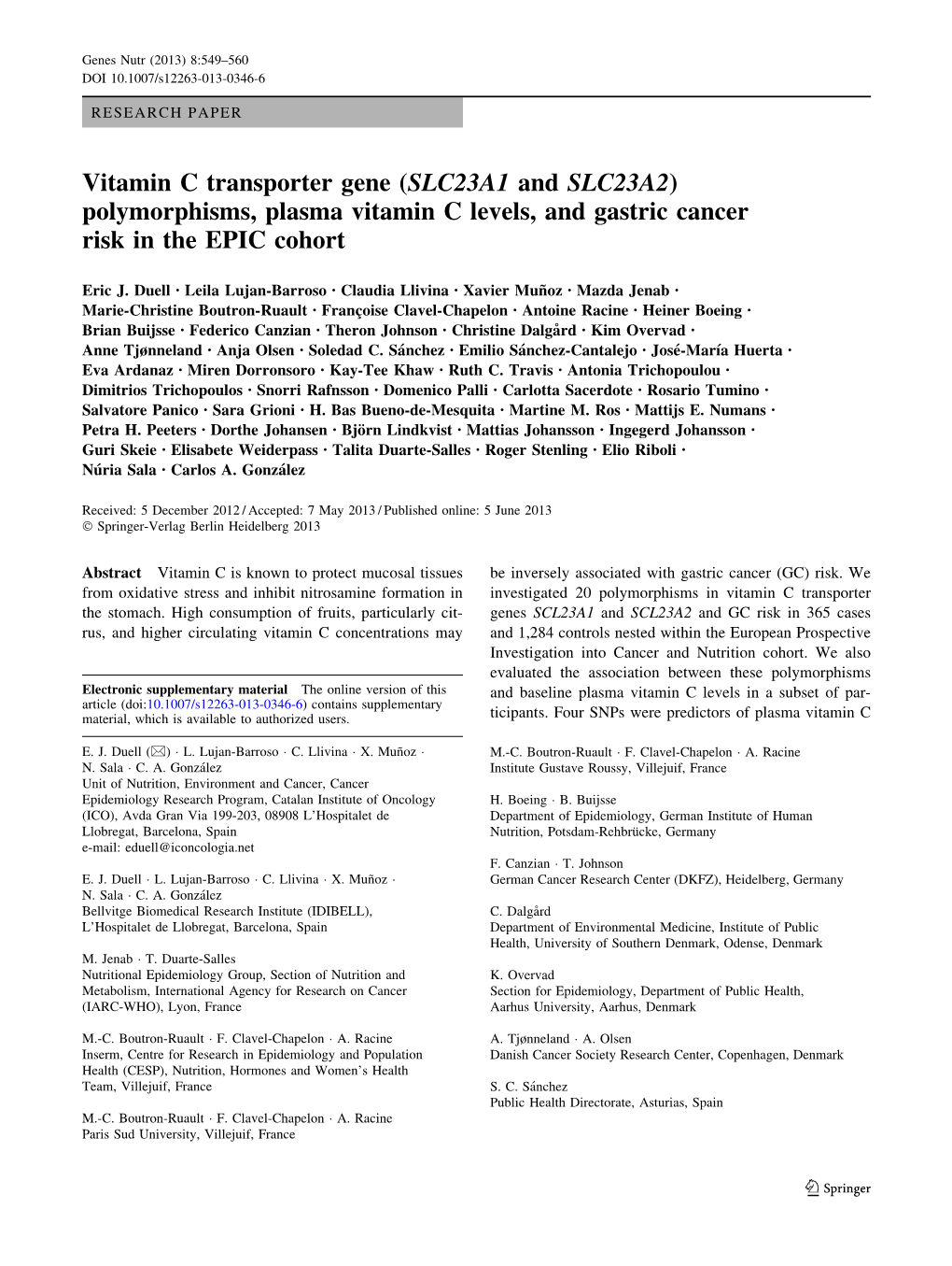 (SLC23A1 and SLC23A2) Polymorphisms, Plasma Vitamin C Levels, and Gastric Cancer Risk in the EPIC Cohort