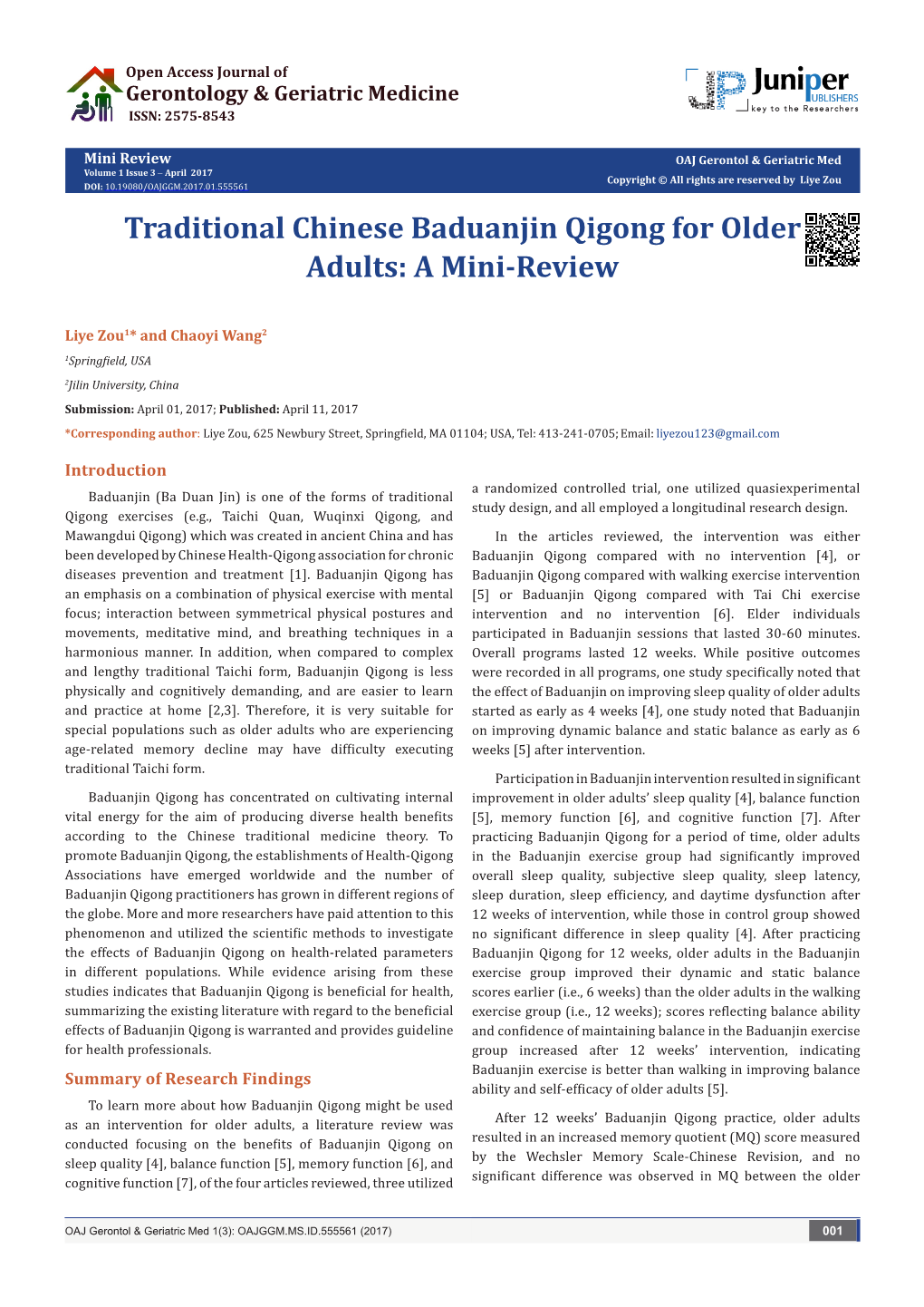 Traditional Chinese Baduanjin Qigong for Older Adults: a Mini-Review