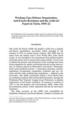 Working Class Defence Organization, Anti-Fascist Resistance and the Arditi Del Popolo in Turin, 1919–22