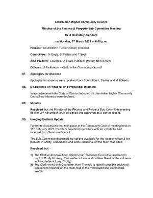Llanrhidian Higher Community Council Minutes of the Finance