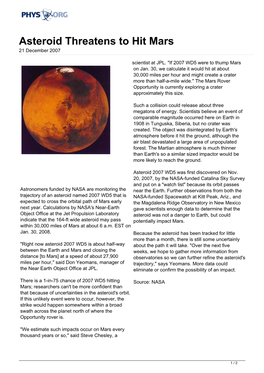 Asteroid Threatens to Hit Mars 21 December 2007