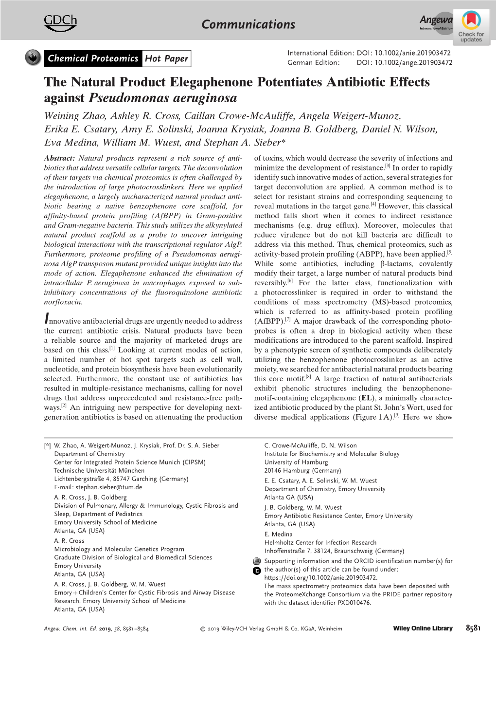 The Natural Product Elegaphenone Potentiates Antibiotic Effects Against Pseudomonas Aeruginosa Weining Zhao,Ashley R