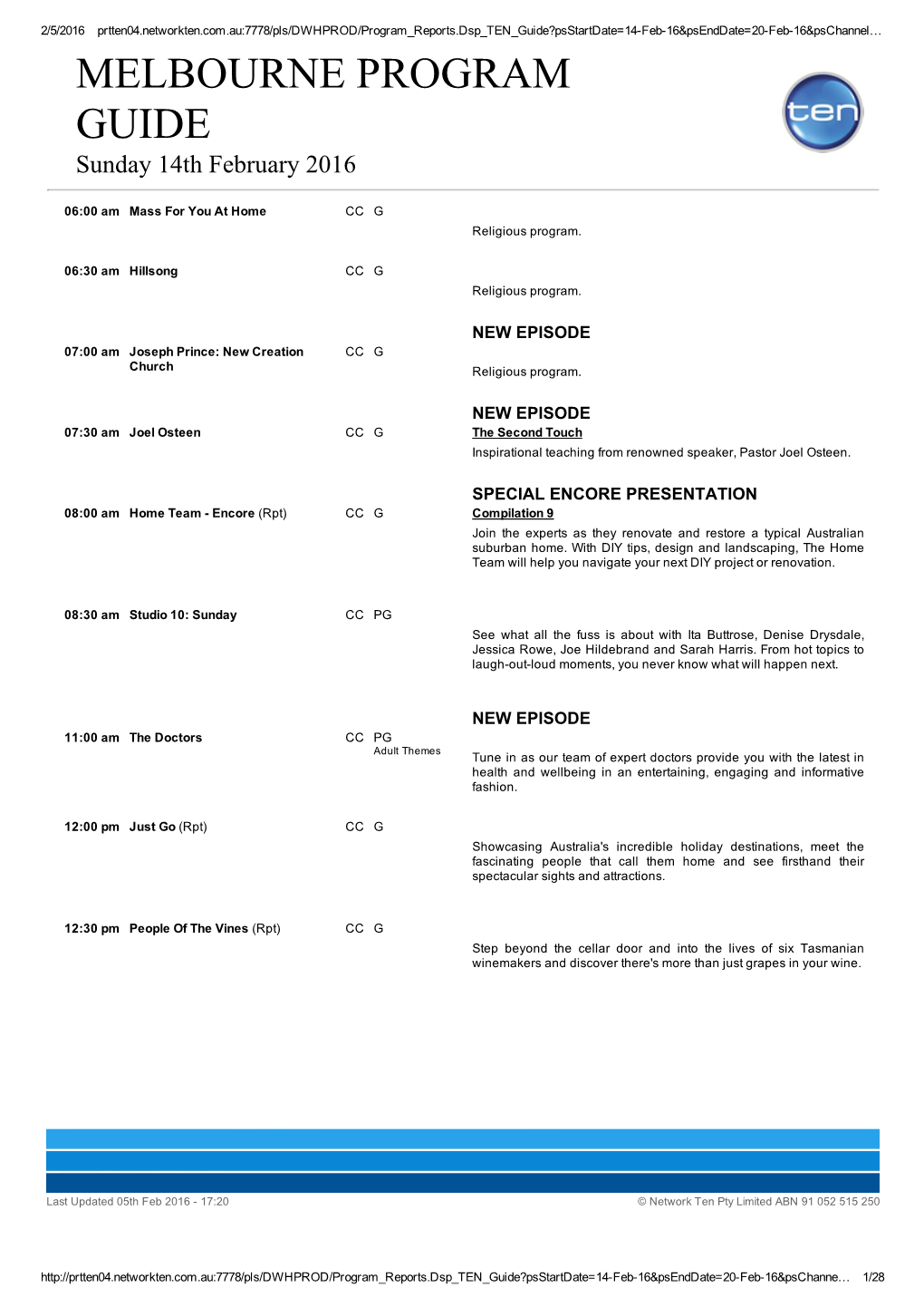 MELBOURNE PROGRAM GUIDE Sunday 14Th February 2016