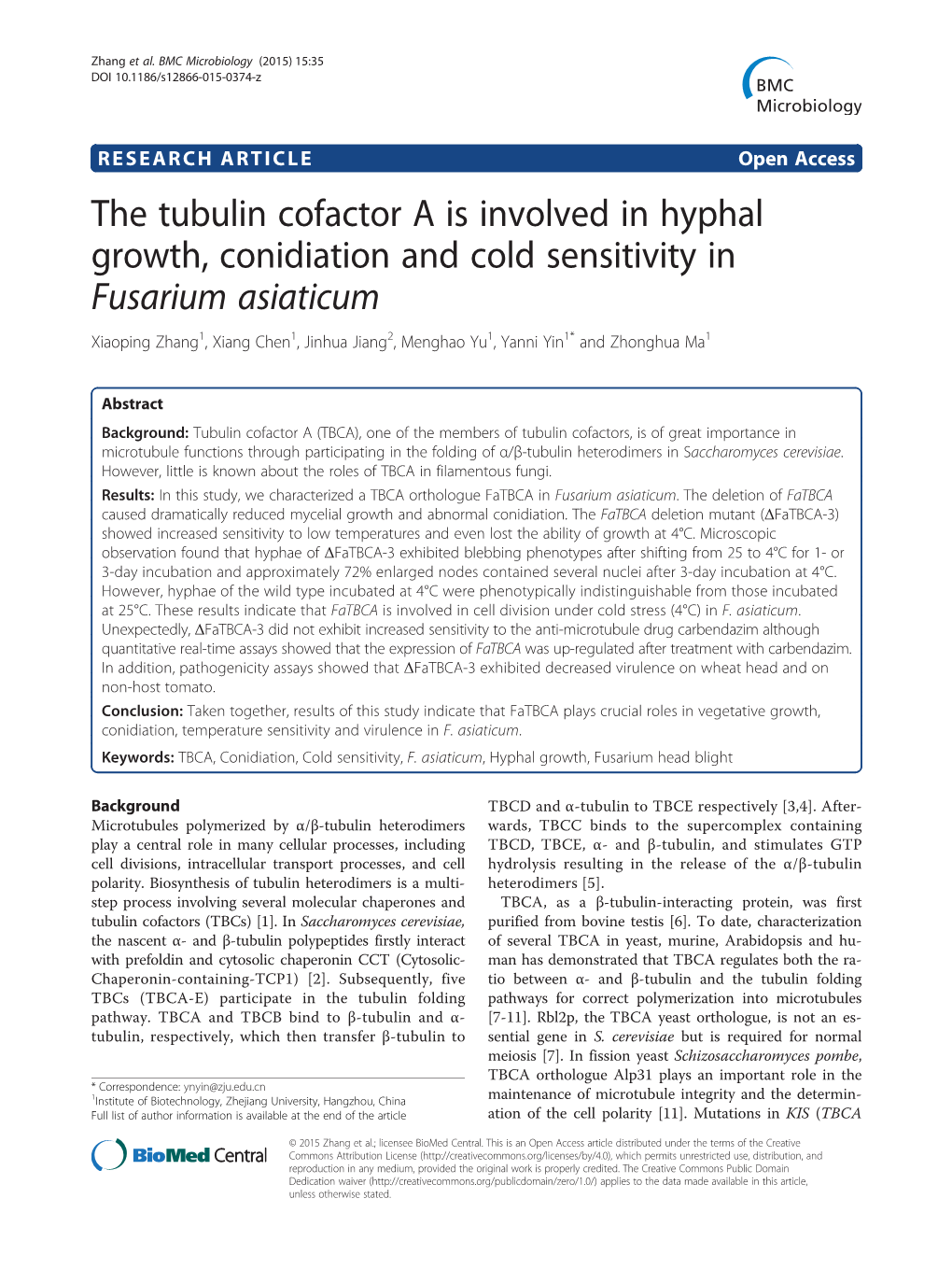 The Tubulin Cofactor a Is Involved in Hyphal Growth, Conidiation and Cold