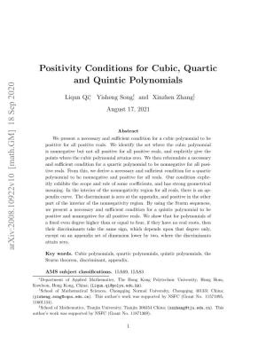 Positivity Conditions for Cubic, Quartic and Quintic Polynomials Arxiv:2008.10922V10 [Math.GM] 18 Sep 2020
