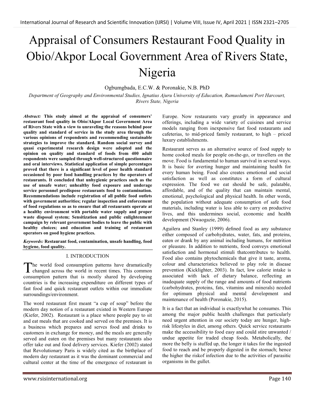 Appraisal of Consumers Restaurant Food Quality in Obio/Akpor Local Government Area of Rivers State, Nigeria