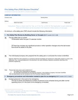 Fire Safety Plan (FSP) Review Checklist1 (Component of a BC Fire Code (BCFC) Compliance Inspection)