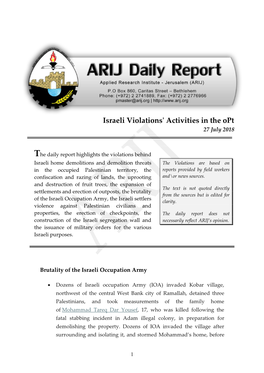 Israeli Violations' Activities in the Opt 27 July 2018
