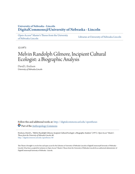 Melvin Randolph Gilmore, Incipient Cultural Ecologist: a Biographic Analysis David L