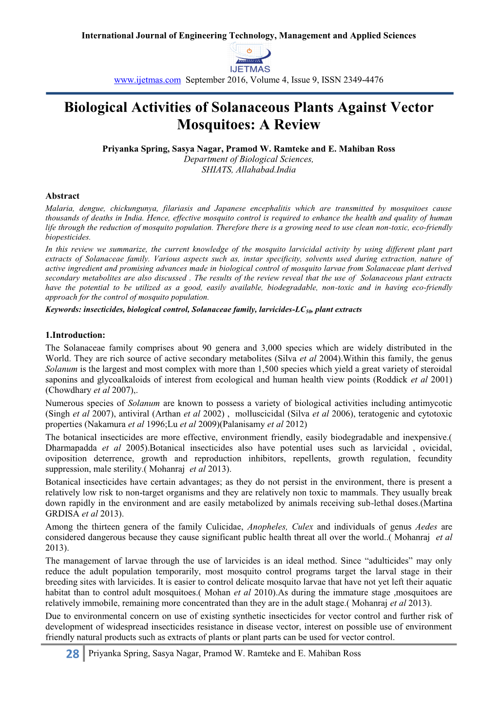 Biological Activities of Solanaceous Plants Against Vector Mosquitoes: a Review