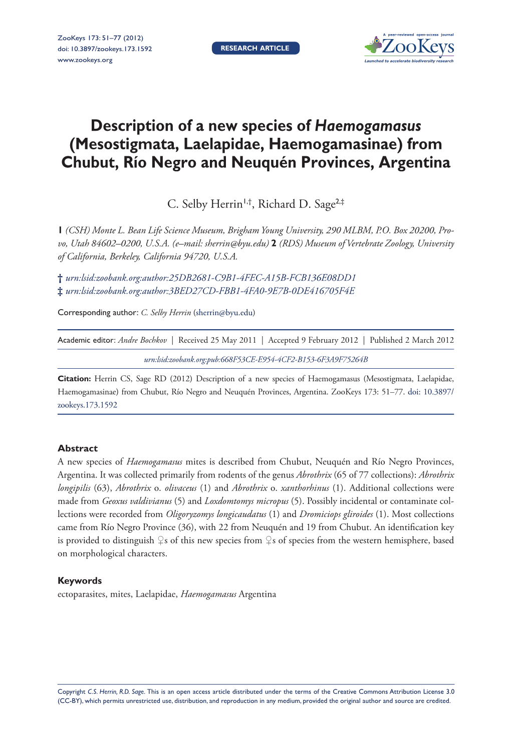 Description of a New Species of Haemogamasus (Mesostigmata, Laelapidae, Haemogamasinae) from Chubut, Río Negro and Neuquén Provinces, Argentina