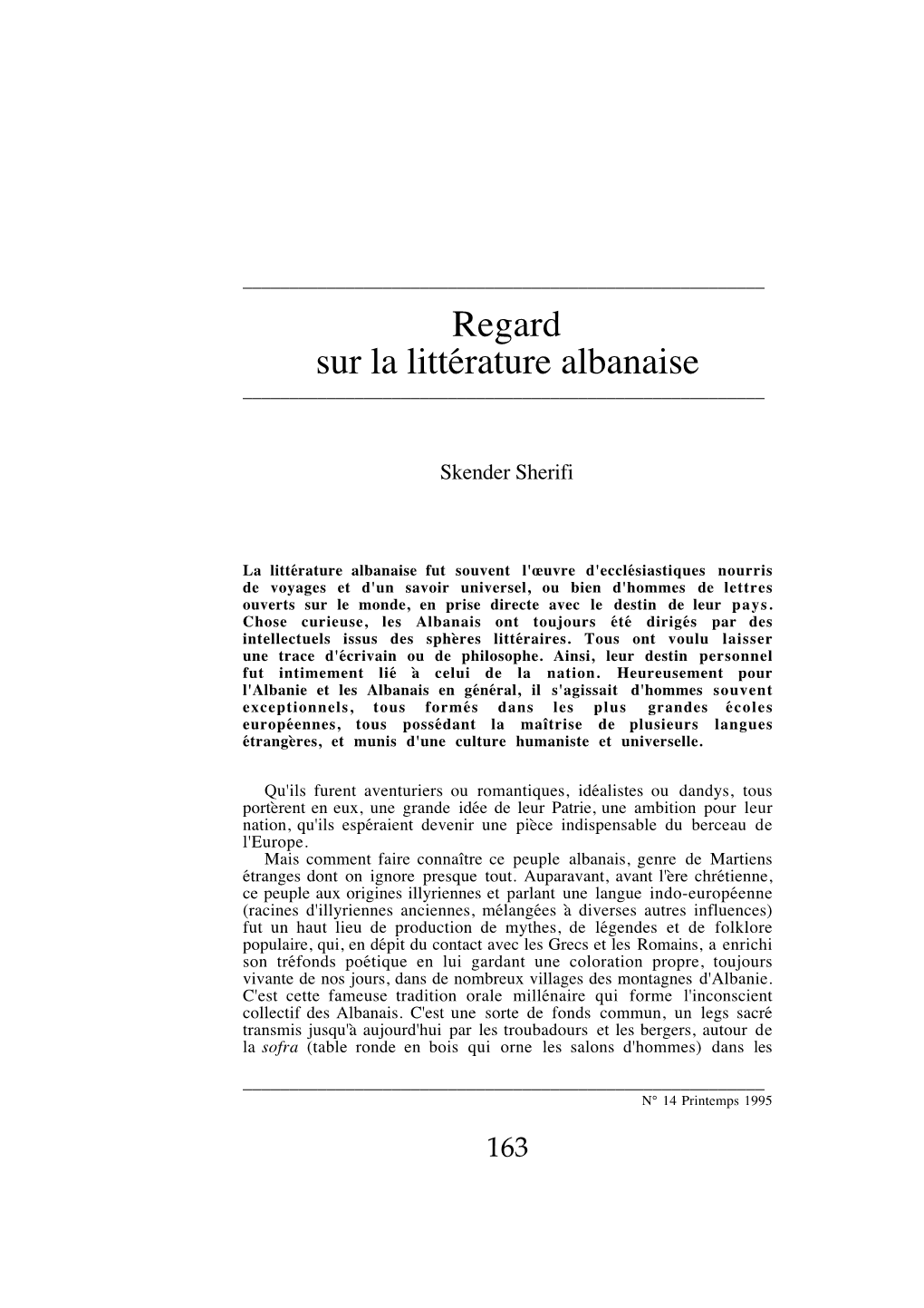 Regard Sur La Littérature Albanaise ______