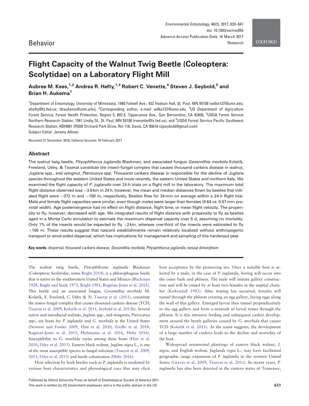 Flight Capacity of the Walnut Twig Beetle (Coleoptera: Scolytidae) on a Laboratory Flight Mill