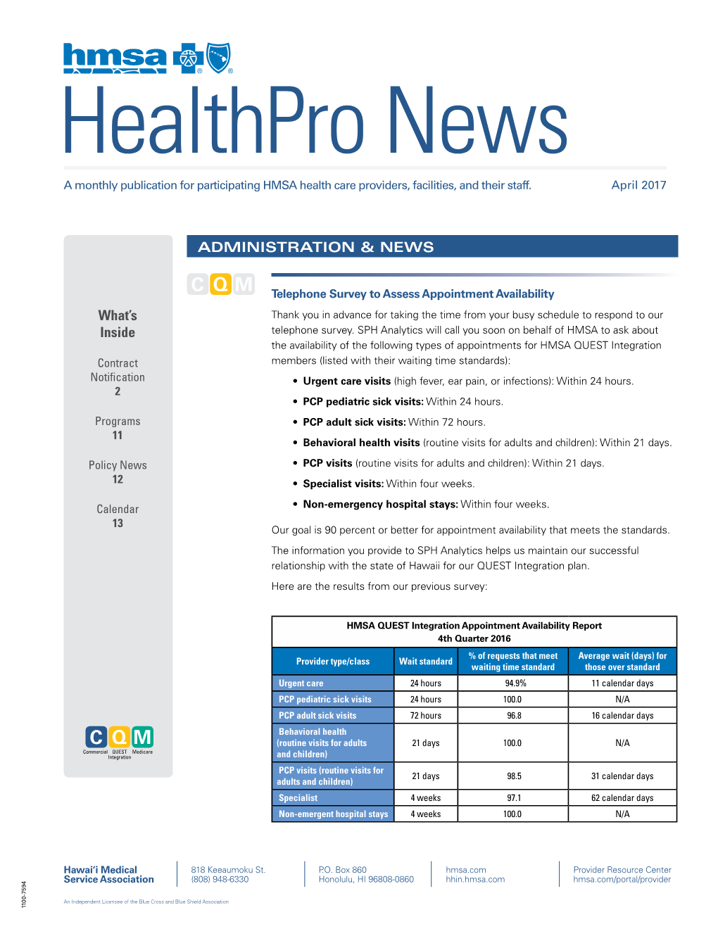 HMSA Healthpro News Provider Update (April 2017)