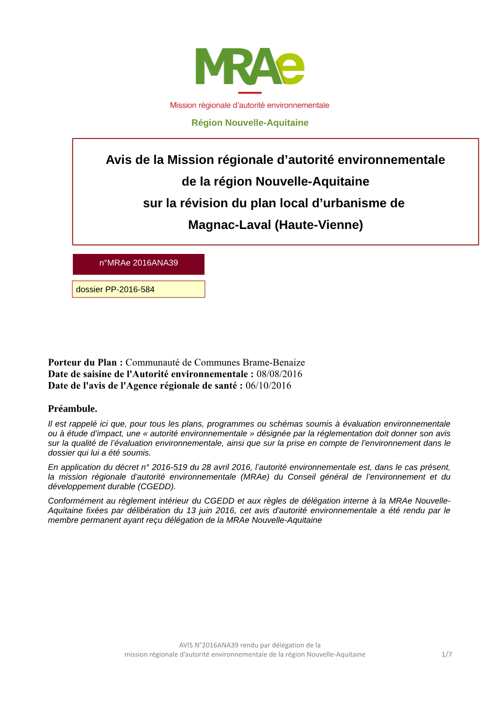 Avis De La Mission Régionale D'autorité Environnementale De La Région