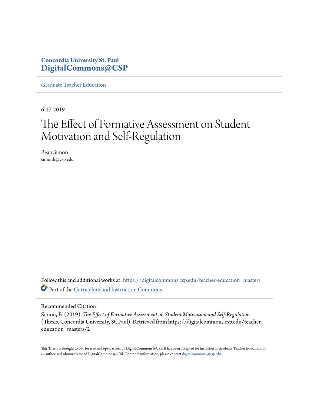 The Effect of Formative Assessment on Student Motivation and Self-Regulation (Thesis, Concordia University, St