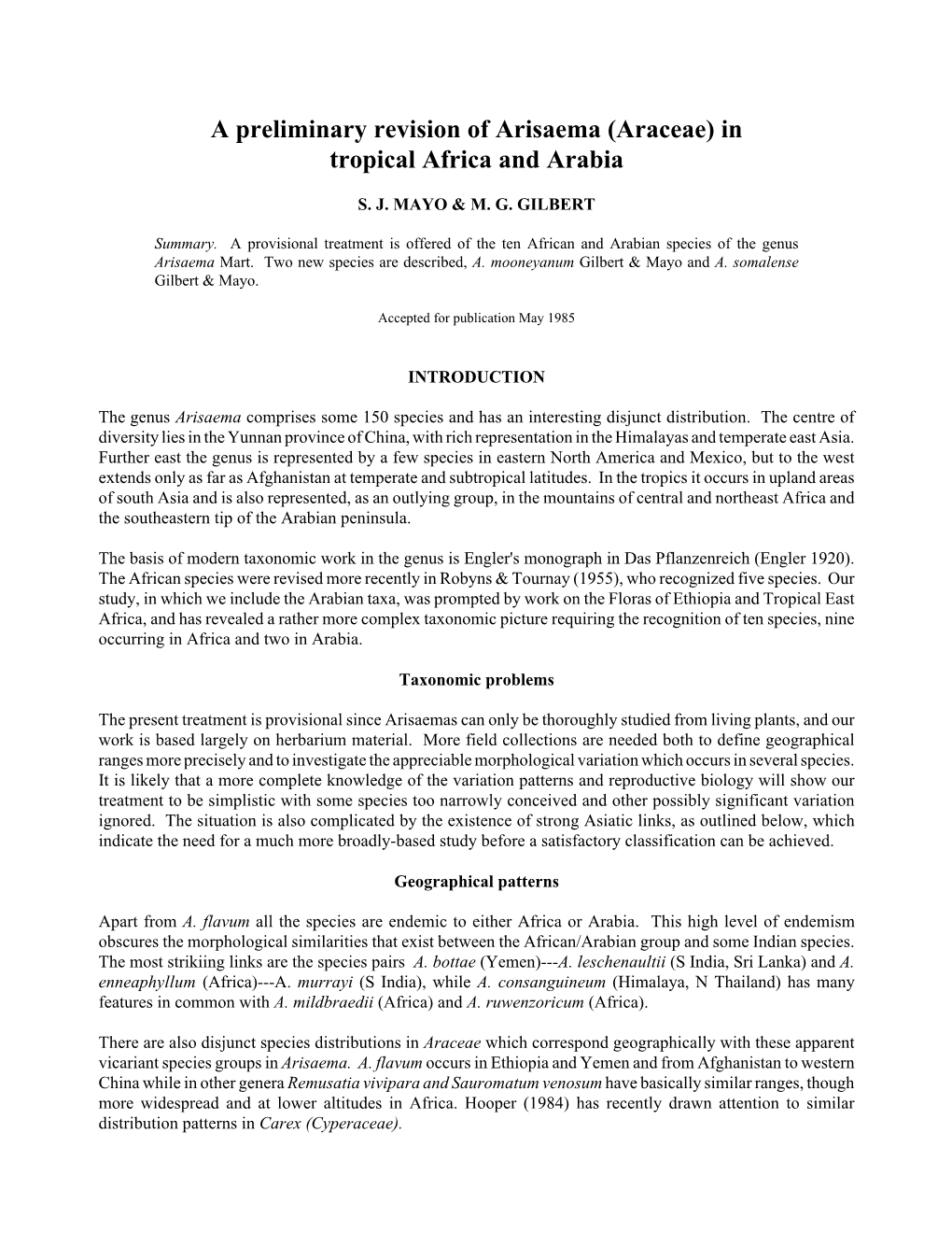 A Preliminary Revision of Arisaema (Araceae) in Tropical Africa and Arabia