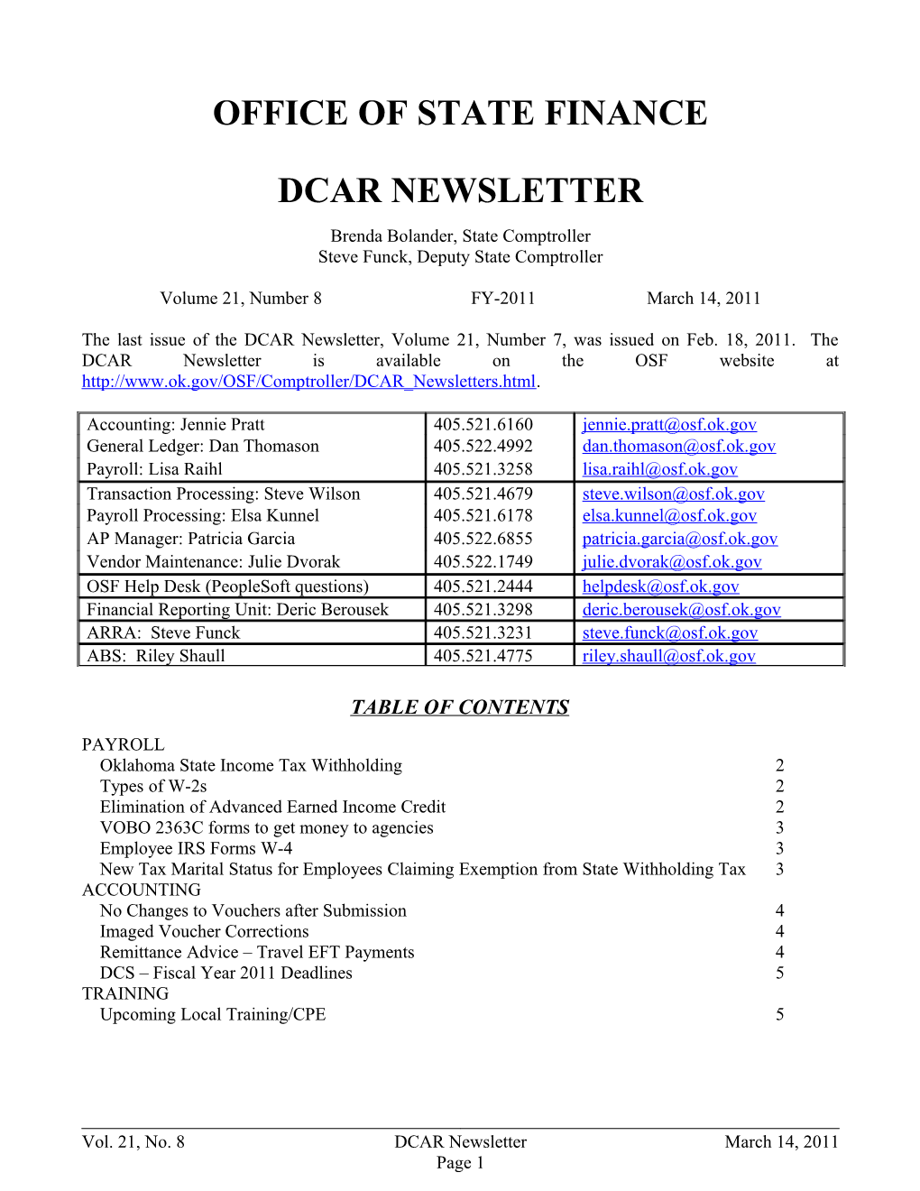 Office of State Finance DCAR Newsletter, March 14, 2011