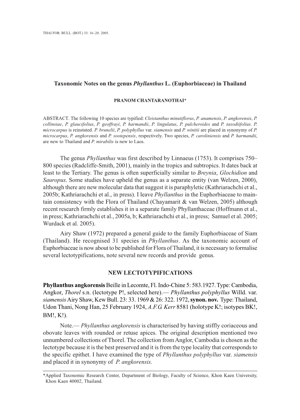 Taxonomic Notes on the Genus Phyllanthus L. (Euphorbiaceae) in Thailand