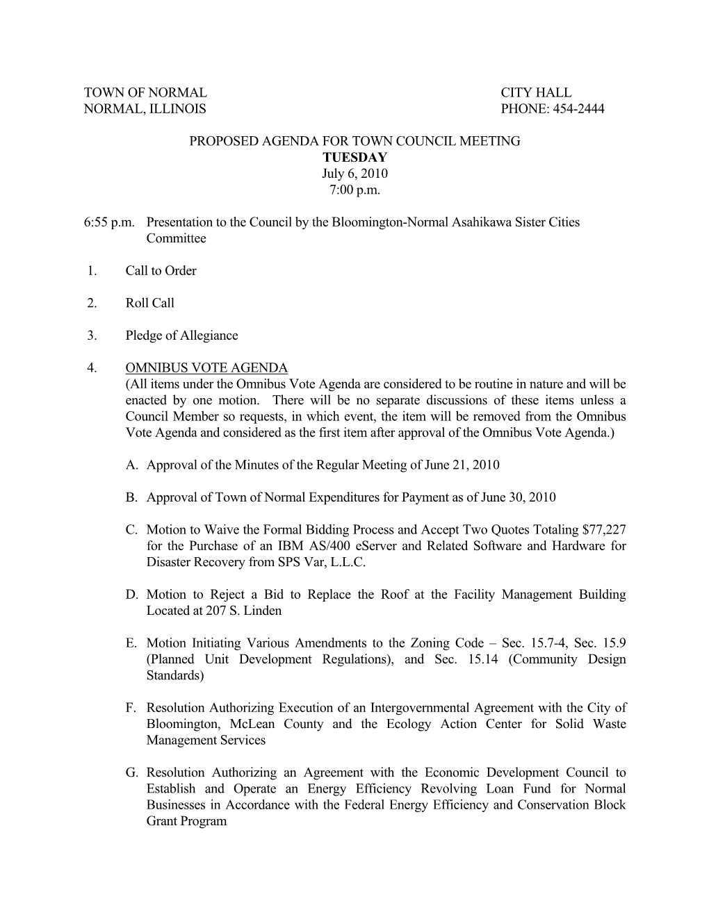 454-2444 Proposed Agenda for Town Council