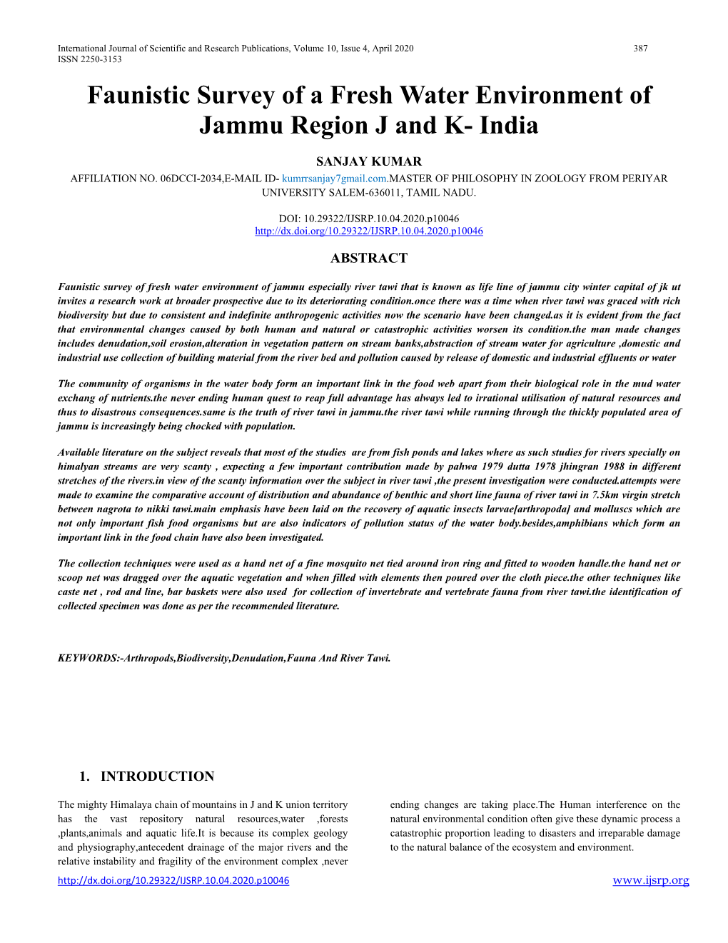 Faunistic Survey of a Fresh Water Environment of Jammu Region J and K- India