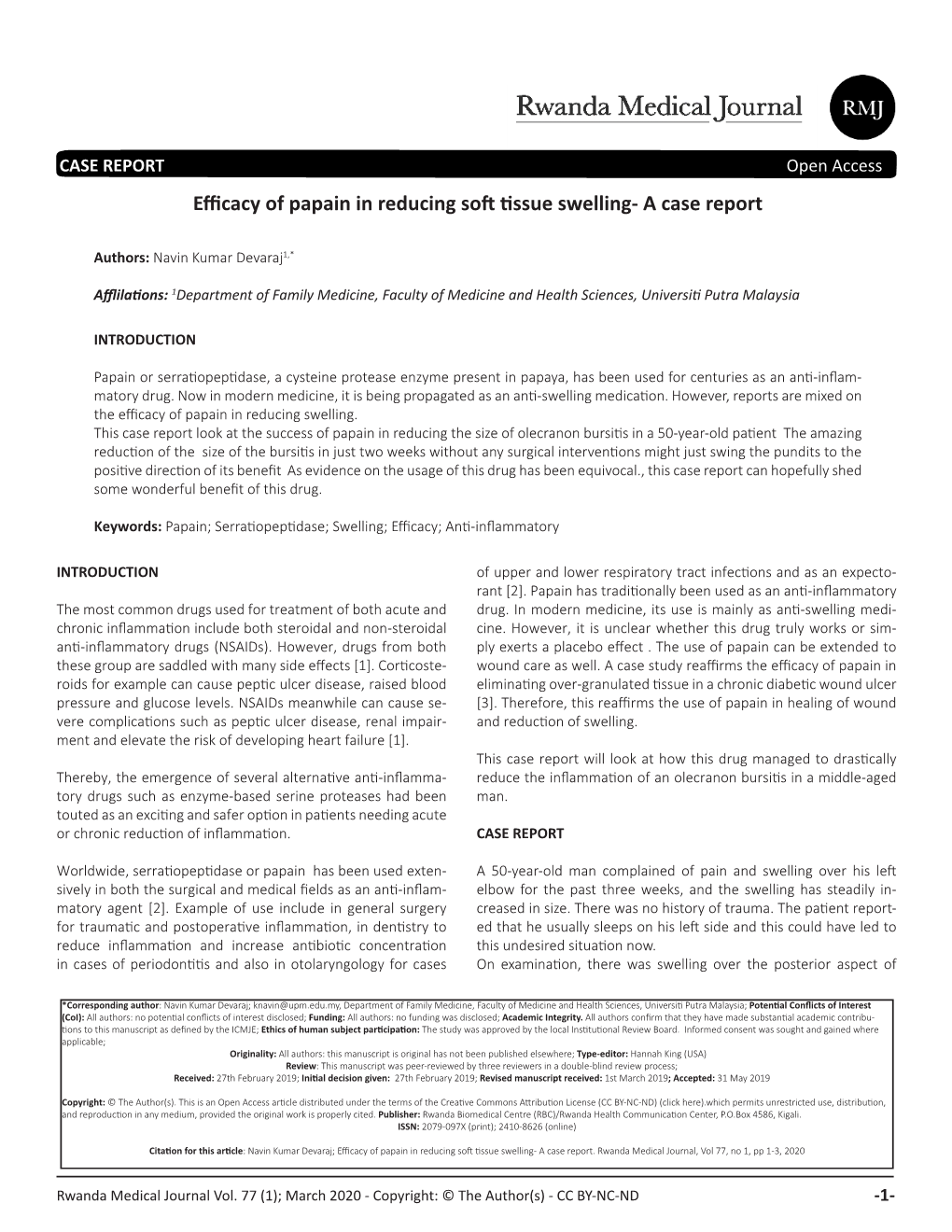 Efficacy of Papain in Reducing Soft Tissue Swelling- a Case Report