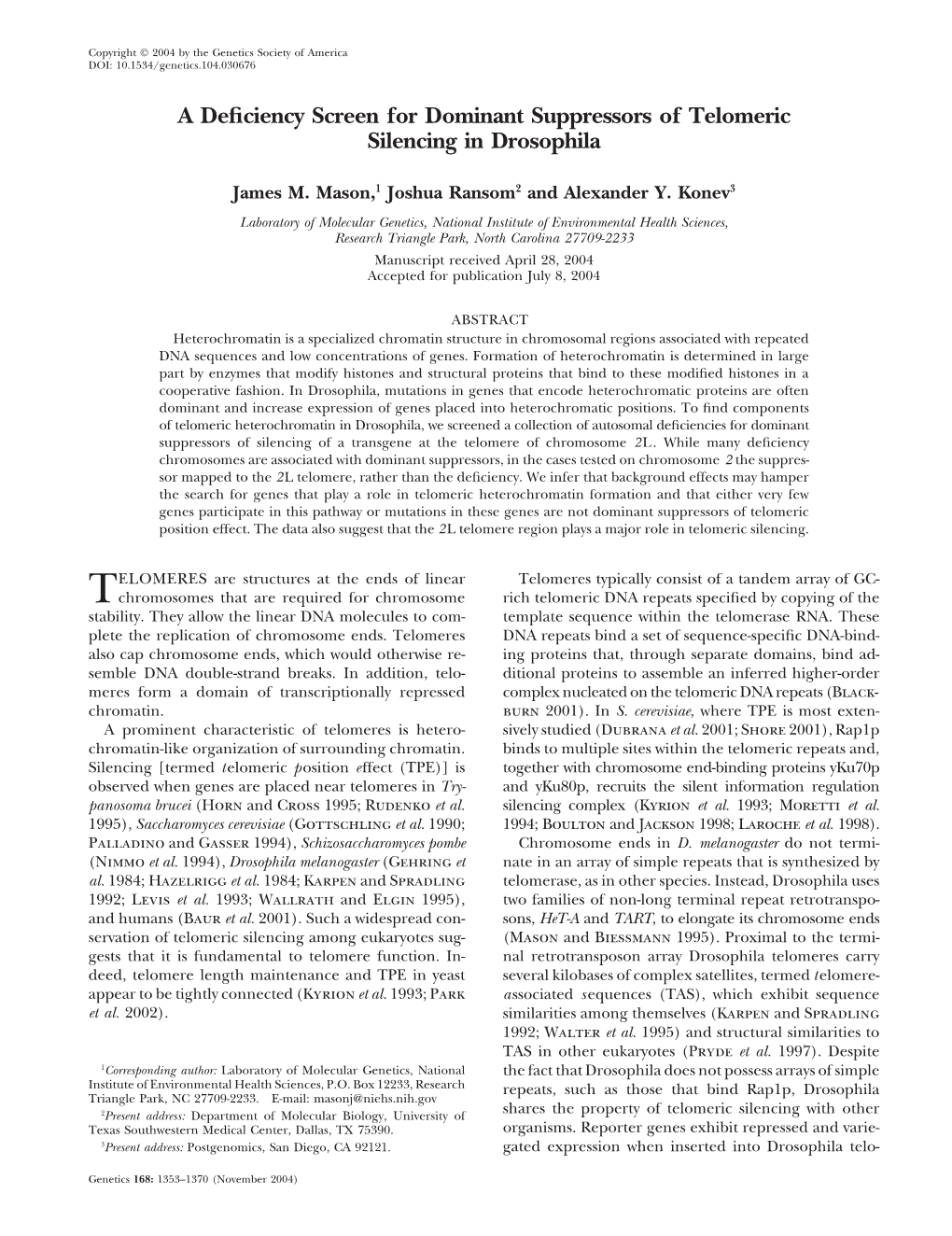 A Deficiency Screen for Dominant Suppressors of Telomeric Silencing