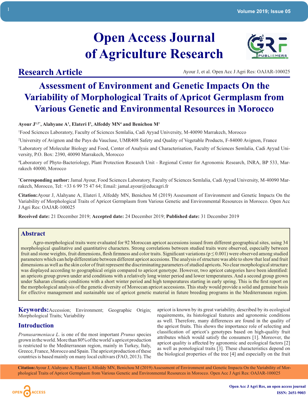 Open Access Journal of Agriculture Research Research Article Ayour J, Et Al