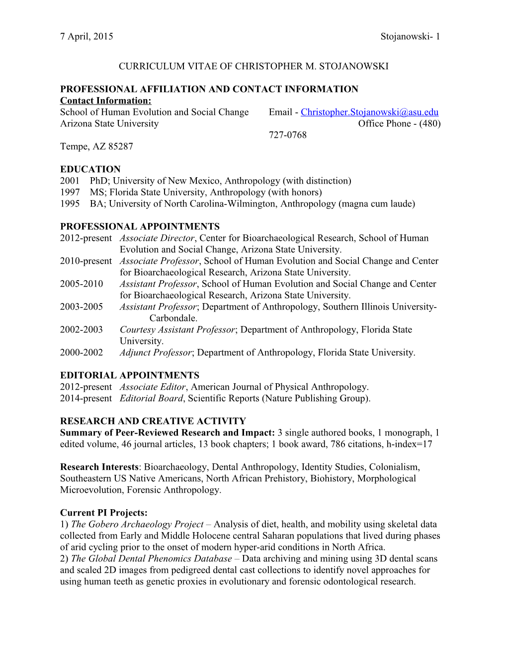 Curriculum Vitae of Christopher Stojanowski