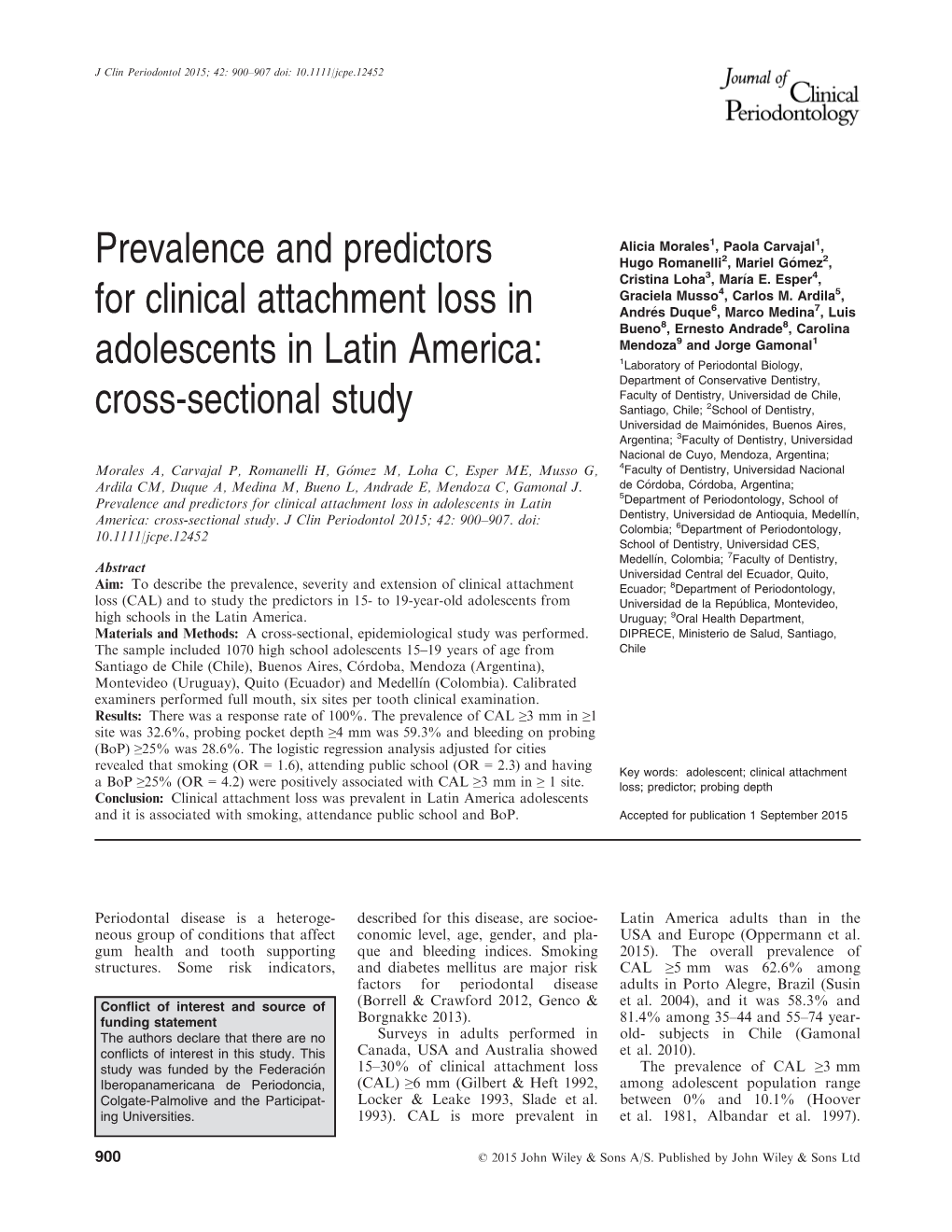 Prevalence and Predictors for Clinical Attachment Loss in Adolescents In